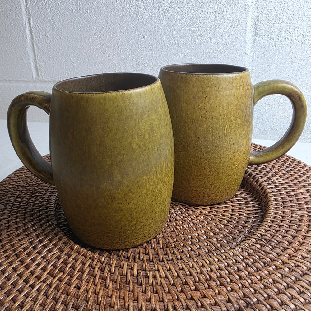 Vintage Brown Speckled Stoneware Mugs Set of 2 Barrel Shape